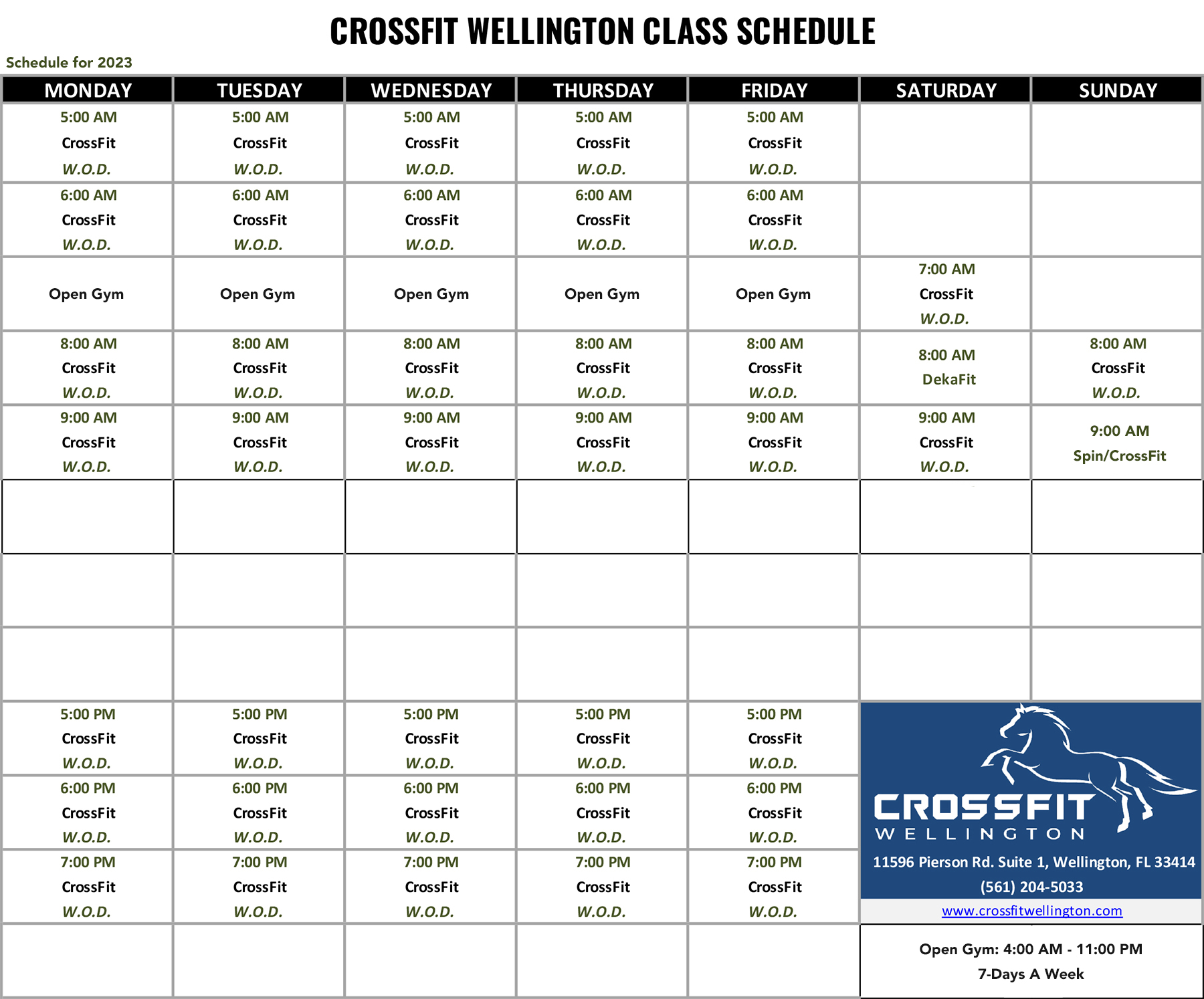 CrossFit Wellington 2023 Class Schedule